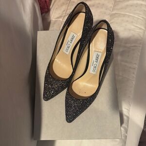Jimmy Choo ROMY 100 Pointy Toe Pump Heel Shoes Purple Black Glitter 36 EU